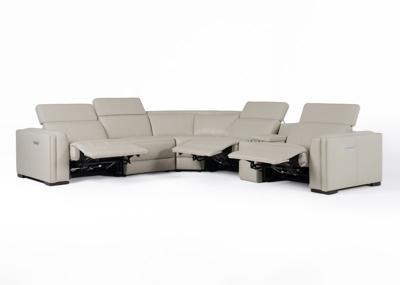 Frazier - Modern Light Grey Leather Sectional Sofa with 3 Recliners + Console — view 3