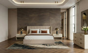 Kiro + Lago - Modern Tan Fabric + Faux Travertine 4-Piece Bedroom Set