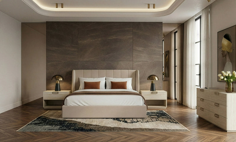 Kiro + Lago - Modern Tan Fabric + Faux Travertine 4-Piece Bedroom Set