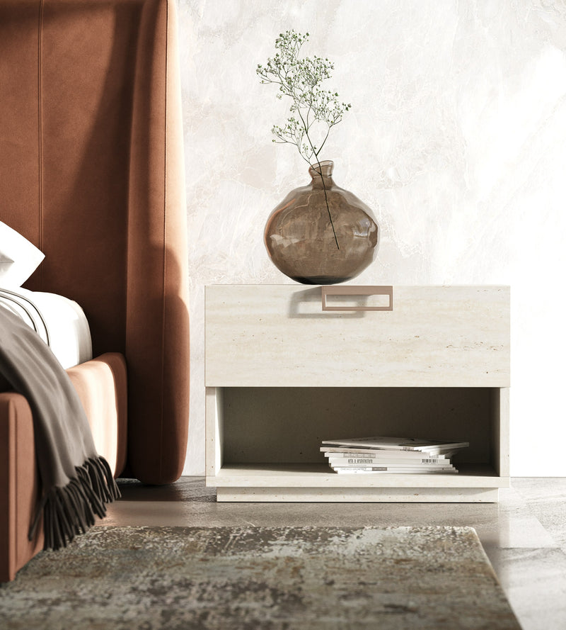 Breslow + Lago - Modern Dark Taupe Fabric + Faux Travertine 4-Piece Bedroom Set — view 2