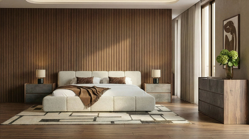 Lamont + Rado - Modern Beige Fabric + Walnut 4-Piece Bedroom Set