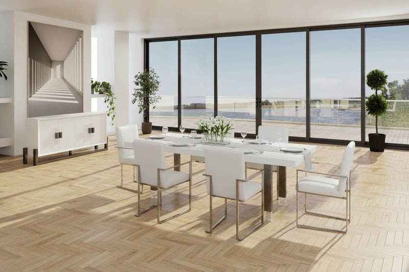Lenny- Modern White High Gloss & Stainless Steel Gun Metal Dining Table — view 5