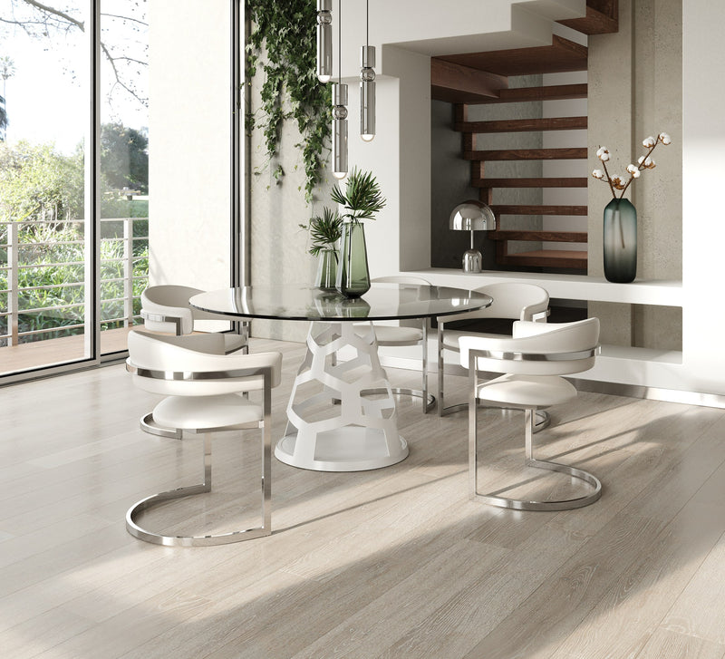 Lilly - Modern 12mm Round Glass + White Dining Table — view 5