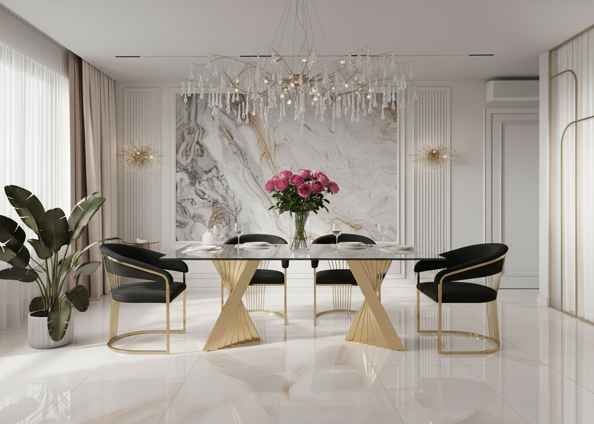 Buquet - Glam Glass + Champagne Gold Rectangular Dining Table