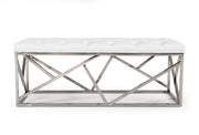 Lindsey Modern White Leatherette & Stainless Steel Bench