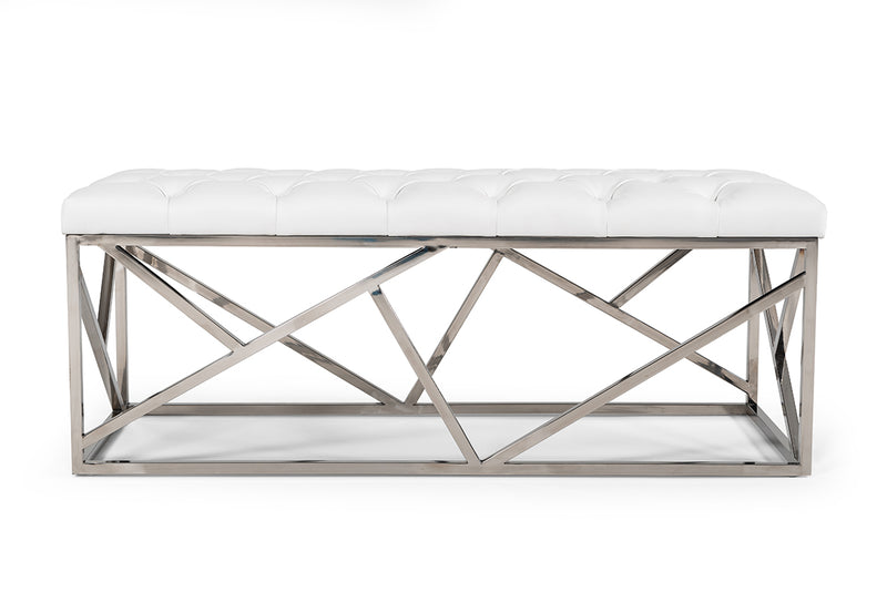 Lindsey Modern White Leatherette & Stainless Steel Bench