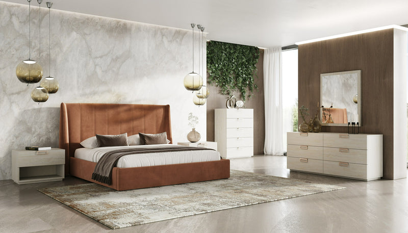 Roma + Lago - Modern Burnt Orange Velvet + Faux Travertine Bed + Nightstands Set — view 2