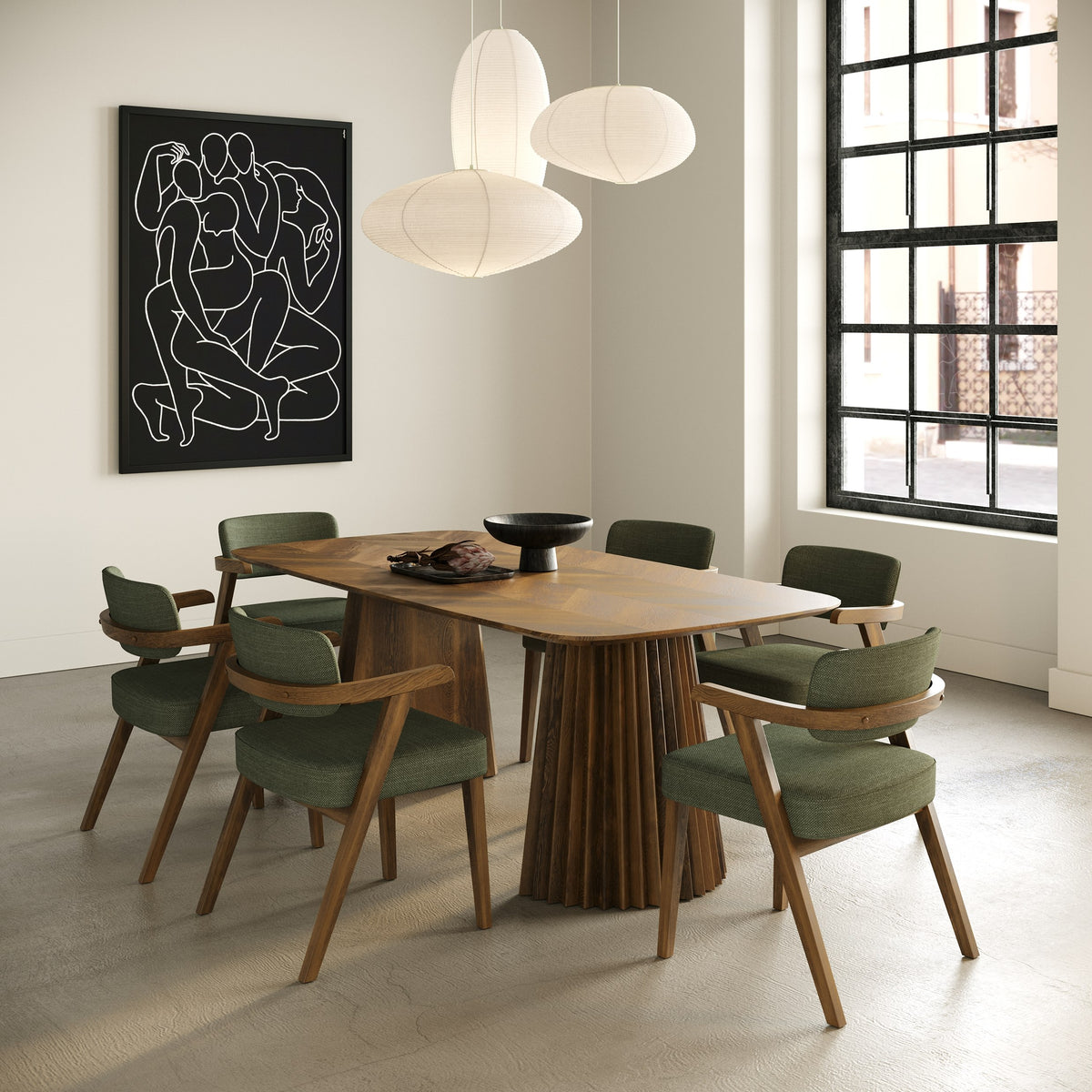 Sacks - Mid-Century Modern Green Fabric + Walnut Dining Chair — view 2