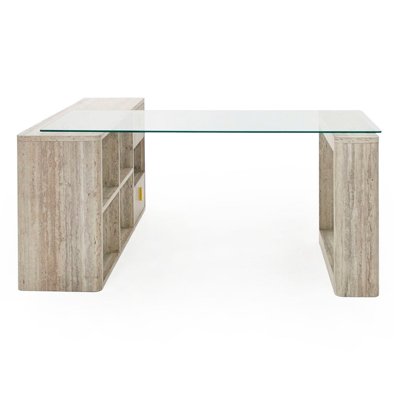 Roma - Modern Glass + Faux Travertine Reversible Desk — view 3