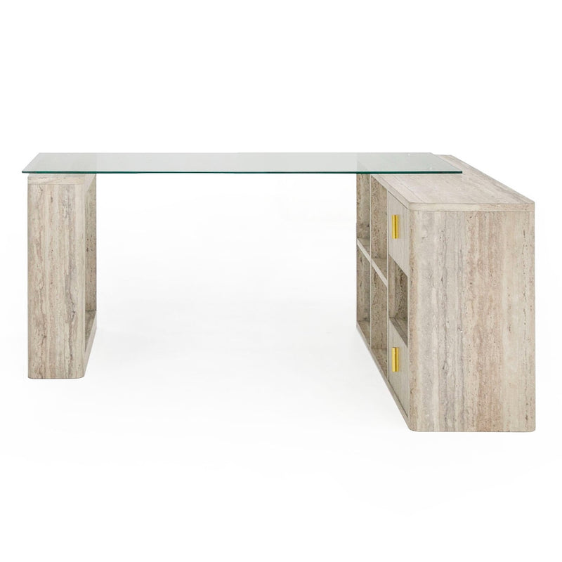 Roma - Modern Glass + Faux Travertine Reversible Desk — view 5