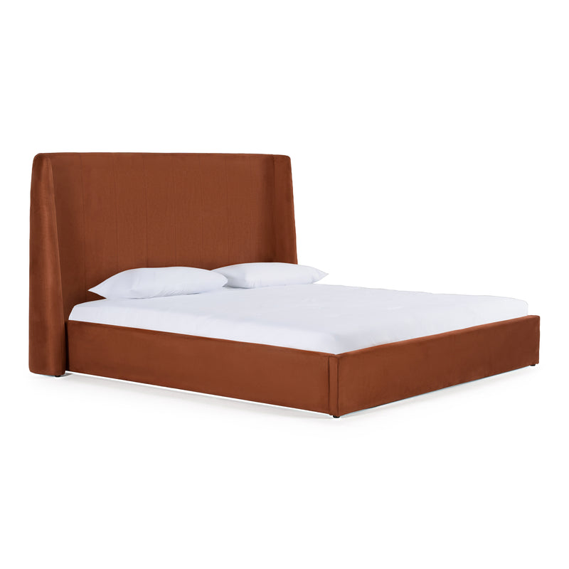 Roma + Lago - Modern Burnt Orange Velvet + Faux Travertine Bed + Nightstands Set — view 4