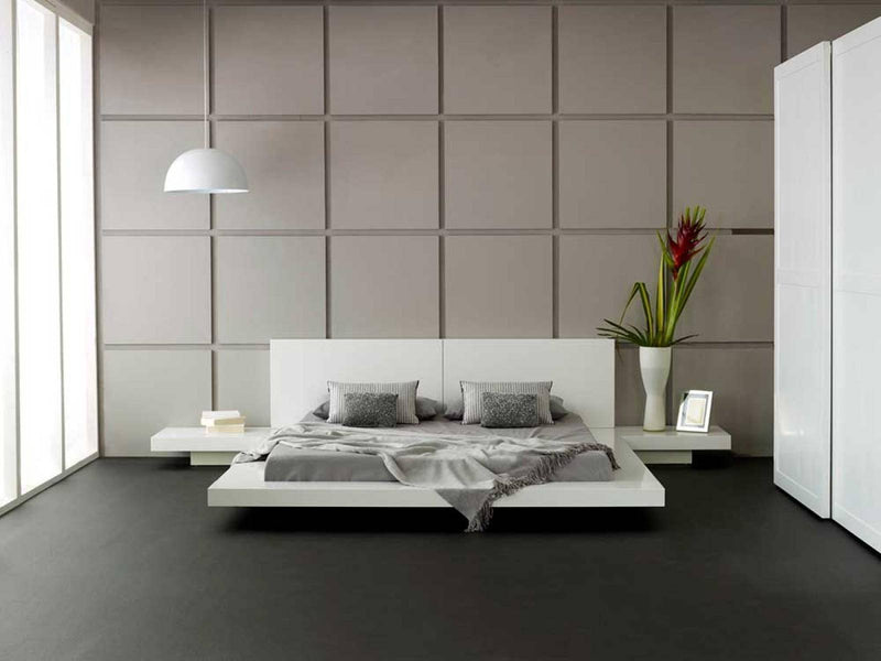 Opal White Gloss Japanese Style Platform Bed with Nightstands