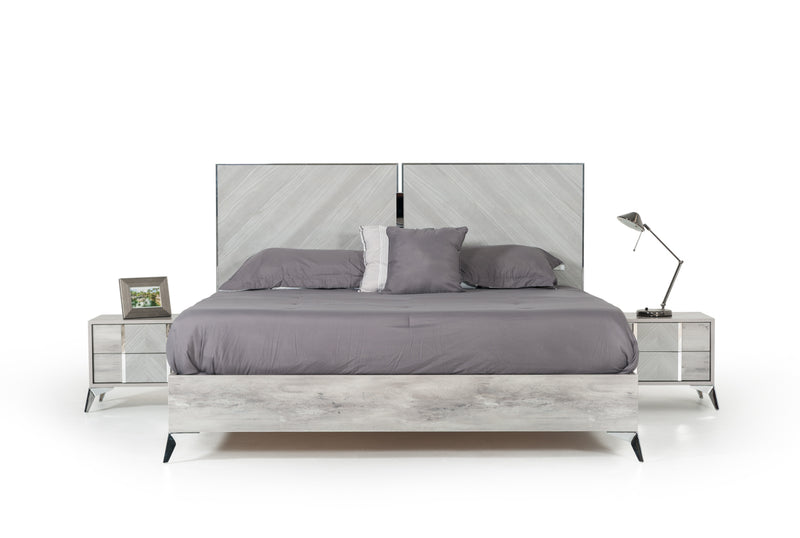 Alexa Italian Modern Grey Bed + 2 Nightstands Set