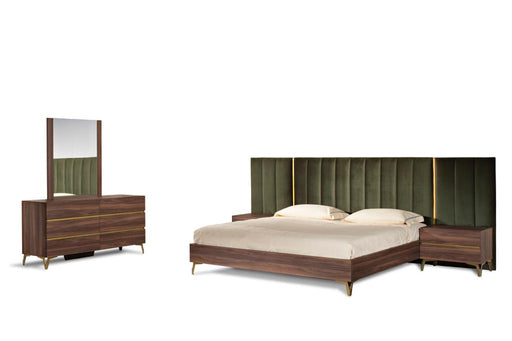 Calabria Modern Walnut & Green Velvet Bedroom Set