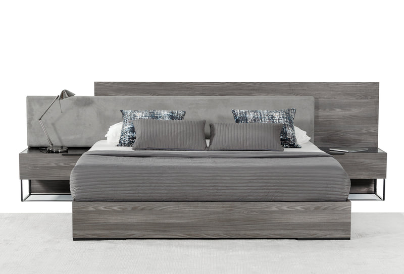 Enzo Italian Modern Grey Oak & Fabric Bed w/ Nightstands