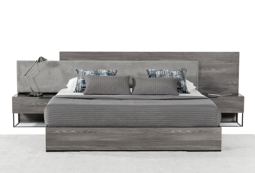 Enzo Italian Modern Grey Oak & Fabric Bed w/ Nightstands