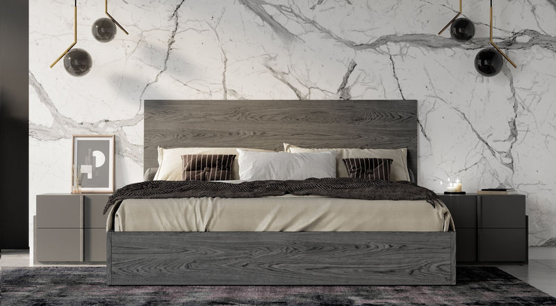 Lucia - Italian Modern Matte Grey / Elm Grey Bed + 2 Nightstands Set — view 4
