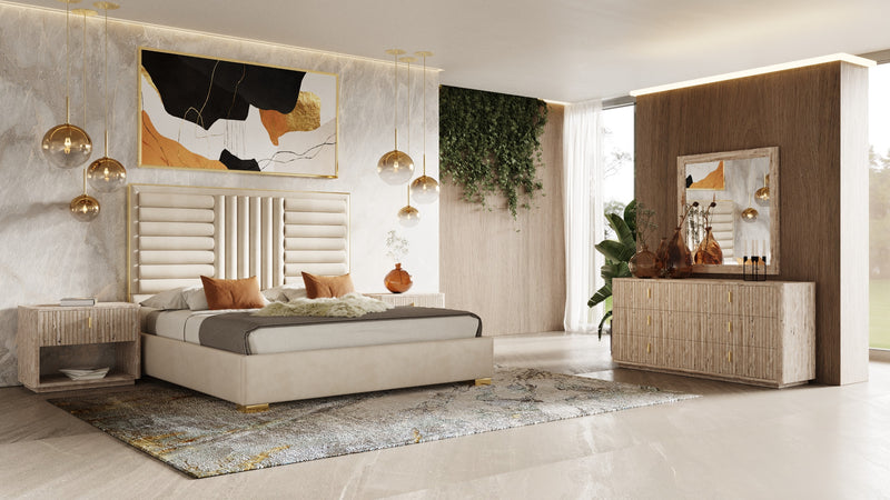 Daystar + Roma - Modern Beige Velvet + Travertine + Gold Bedroom Set — view 3