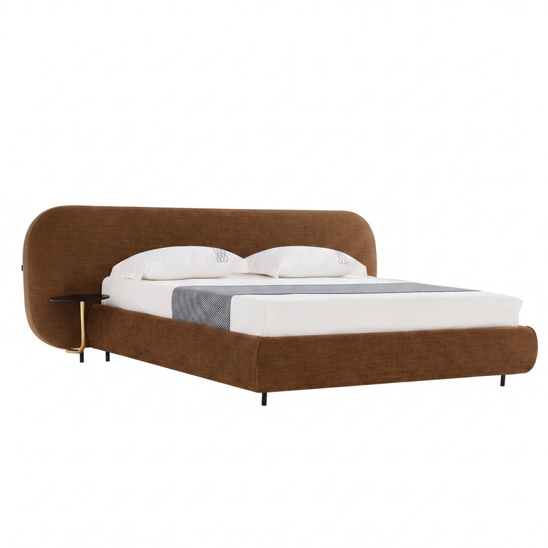 Braun - Modern Brown Fabric Bed w/ Glass Tables