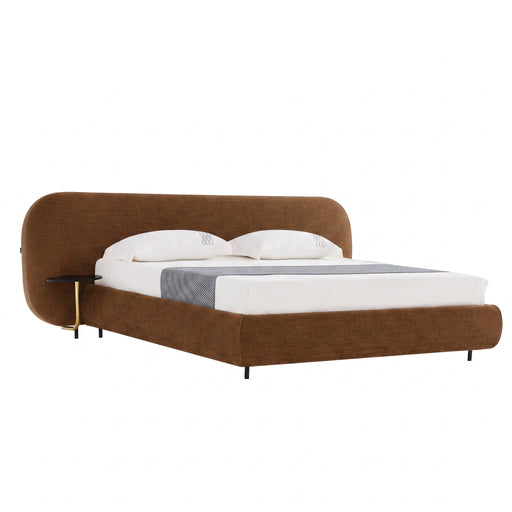 Braun - Modern Brown Fabric Bed w/ Glass Tables