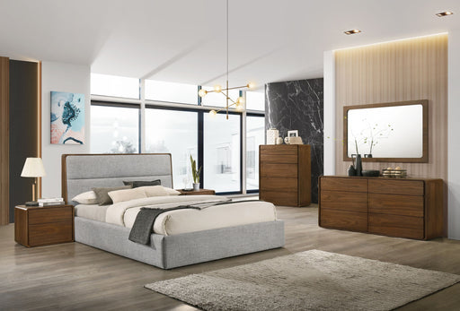 Dustin - Modern Grey Fabric & Walnut Trimmed Bed