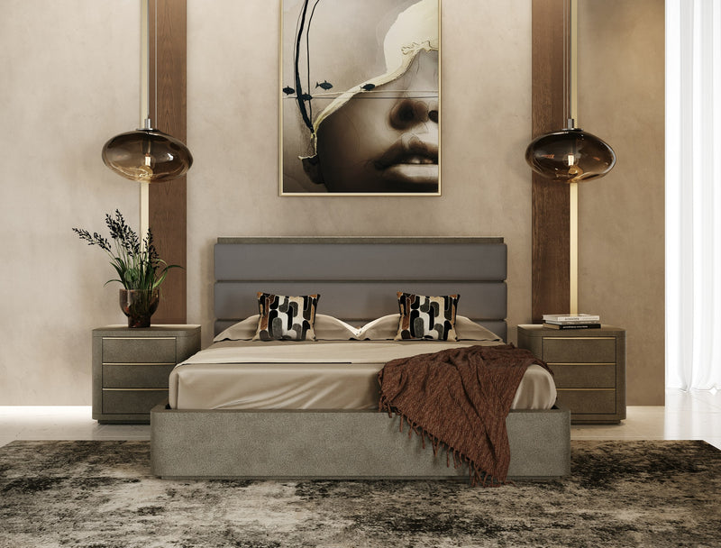 Lois - Modern Grey Leather & Beige Shagreen Bed
