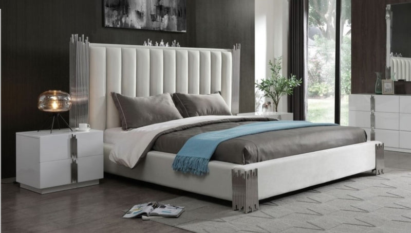 Token - Modern White + Stainless Steel Bed + Nightstands — view 3