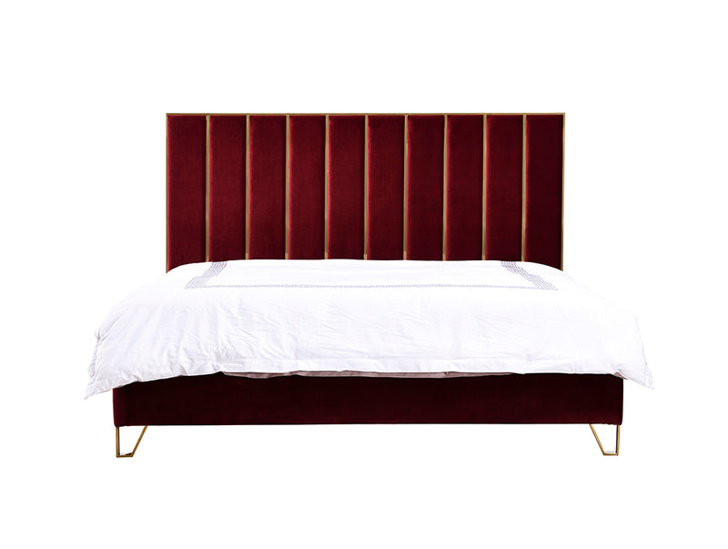 Reyes Modern Red Velvet & Gold Bed