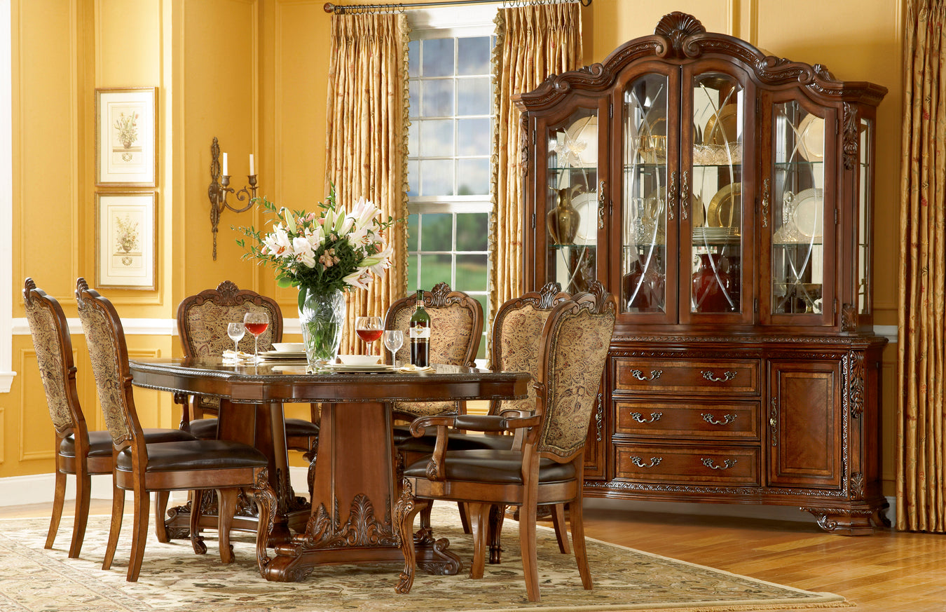 Old World Dining 8Pc Pedestal Table With China Cabinet Set - R&R Furniture Gallery (Fountain Valley, CA)