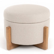 Sada - Mid-Century Modern Beige Linen + Chestnut Round Ottoman
