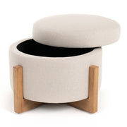 Sada - Mid-Century Modern Beige Linen + Chestnut Round Ottoman — view 2