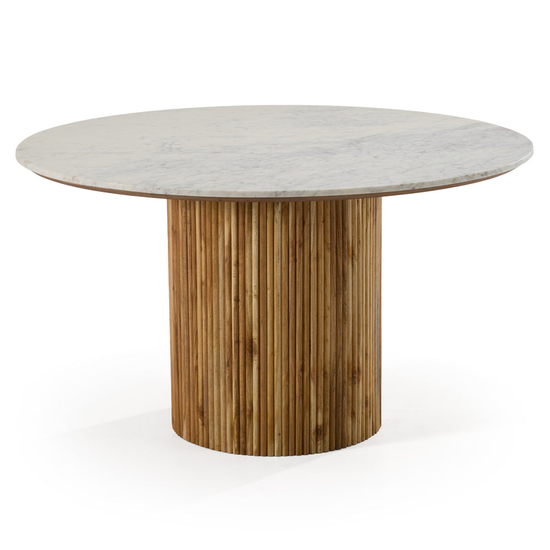 Shirley - Modern White Marble + Natural Acacia Round Dining Table