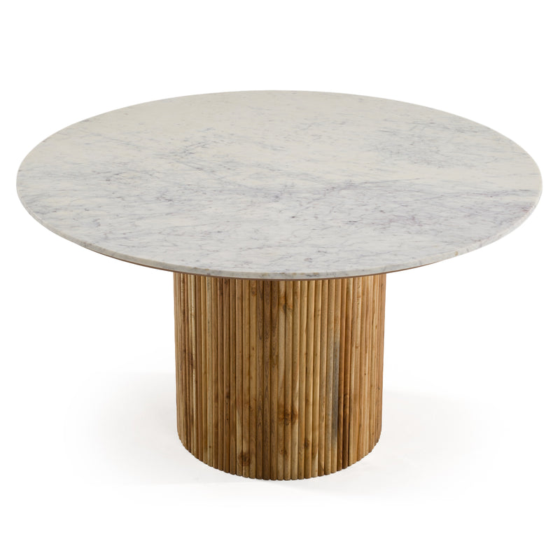 Shirley - Modern White Marble + Natural Acacia Round Dining Table — view 2