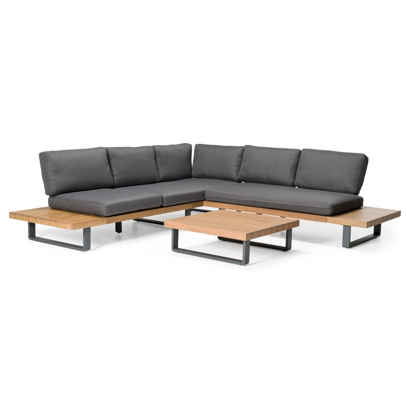 Skaros - Outdoor Grey Olefin Fabric + Eucalyptus Sectional Sofa + Coffee Table Set — view 3