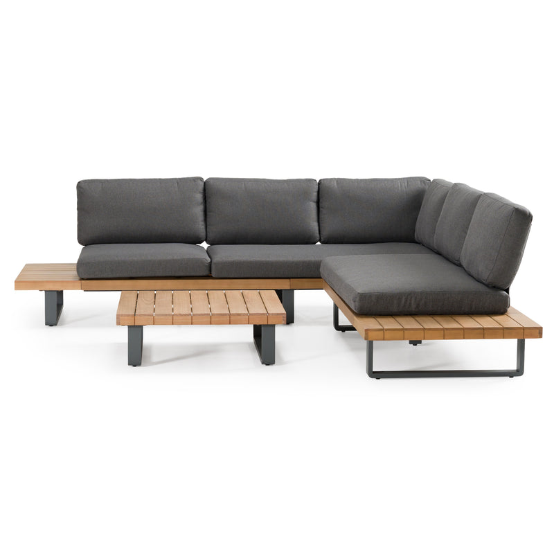 Skaros - Outdoor Grey Olefin Fabric + Eucalyptus Sectional Sofa + Coffee Table Set — view 5
