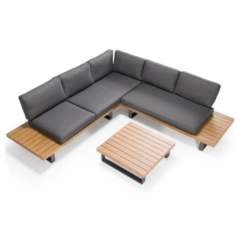 Skaros - Outdoor Grey Olefin Fabric + Eucalyptus Sectional Sofa + Coffee Table Set — view 4