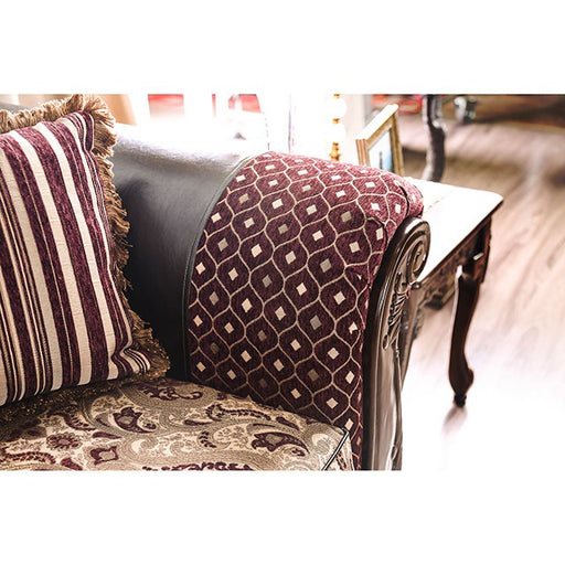 Quirino Burgundy/Dark Brown Love Seat - R&R Furniture Gallery (Fountain Valley, CA)