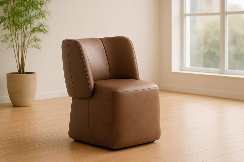 Standing - Modern Brown Vegan Leather Dining Chair w/ Castor Wheels — view 3