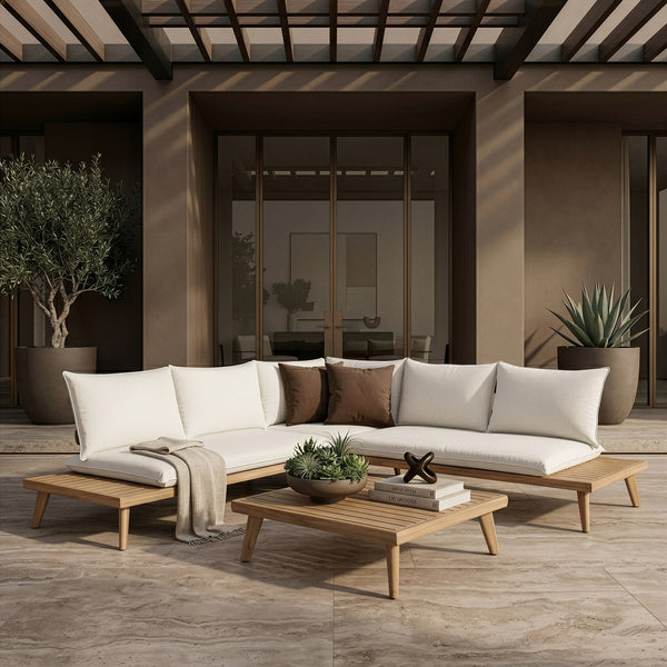 Tavira - Outdoor Off-White Fabric + Eucalyptus Sectional Sofa + Coffee Table Set