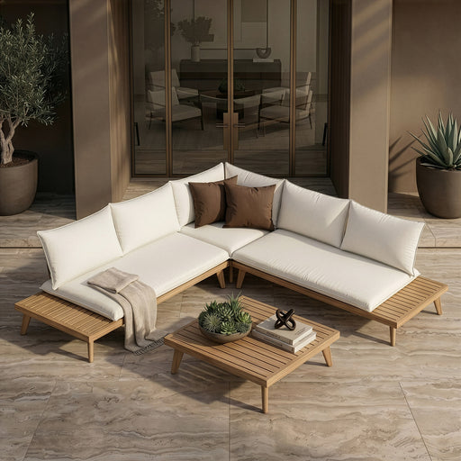 Tavira - Outdoor Off-White Fabric + Eucalyptus Sectional Sofa + Coffee Table Set — view 2