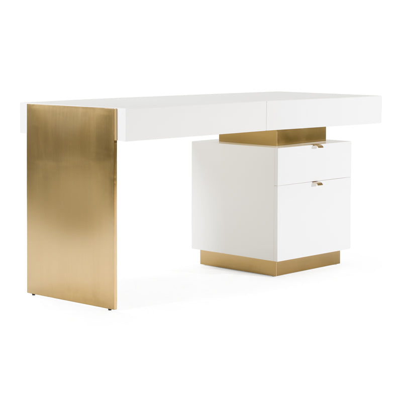 Trahan - Modern Gloss White and Brushed Gold Office Desk — view 3