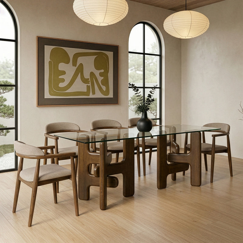 Velshi - Modern Glass + Walnut Rectangular Dining Table — view 5