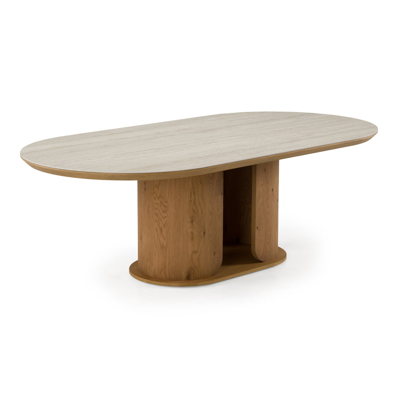 Walbrook - Modern Faux Travertine Ceramic + White Oak Oval Dining Table — view 4