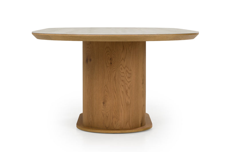 Walbrook - Modern Faux Travertine Ceramic + White Oak Oval Dining Table — view 5