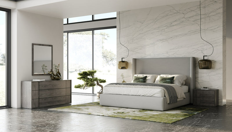 Byrne + Asus - Modern Grey Fabric + Elm Grey Bed & 2 Nightstands — view 3